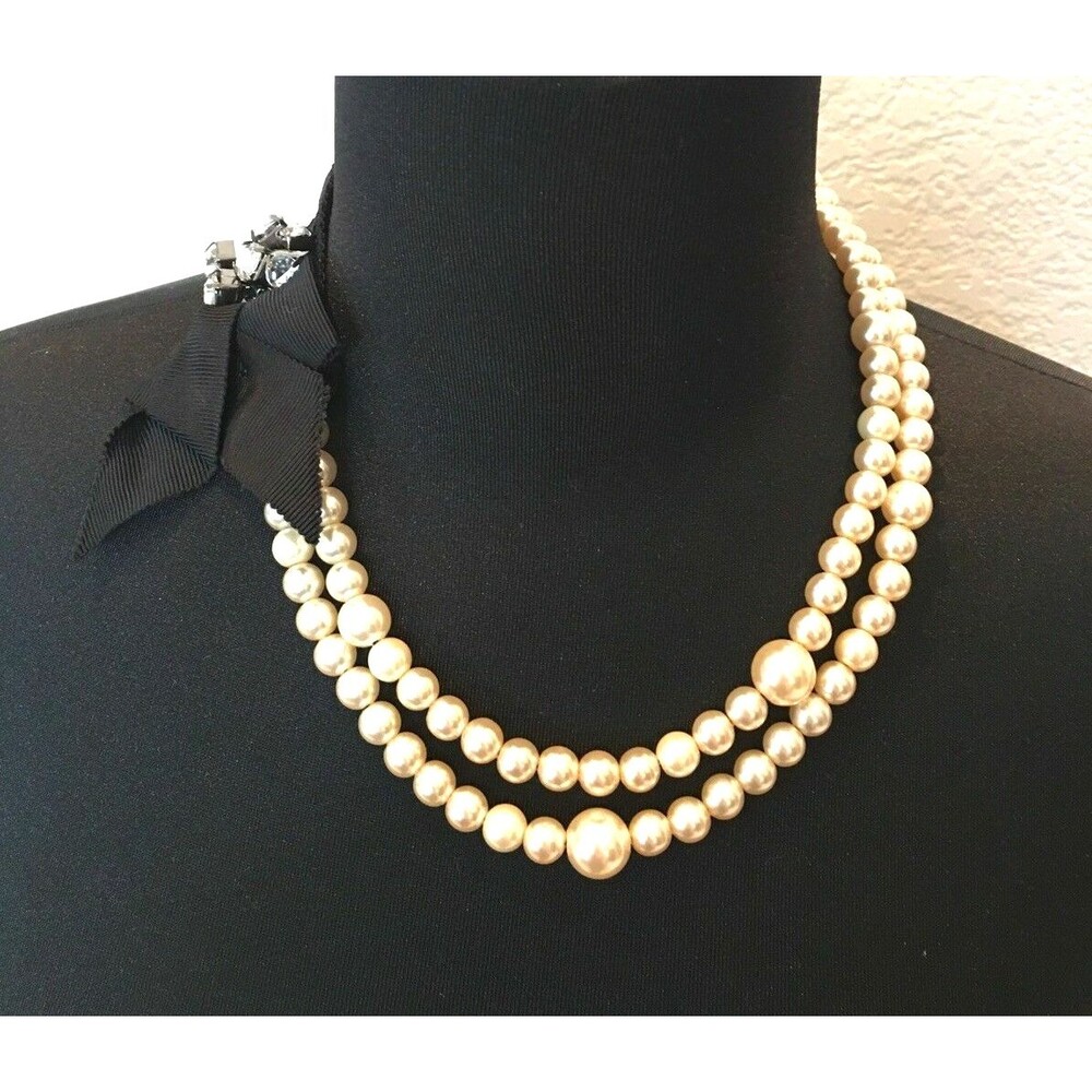 Lee Angel Neiman Marcus Pearlized Black Ribbon Crystal Bow Necklace NWT 259